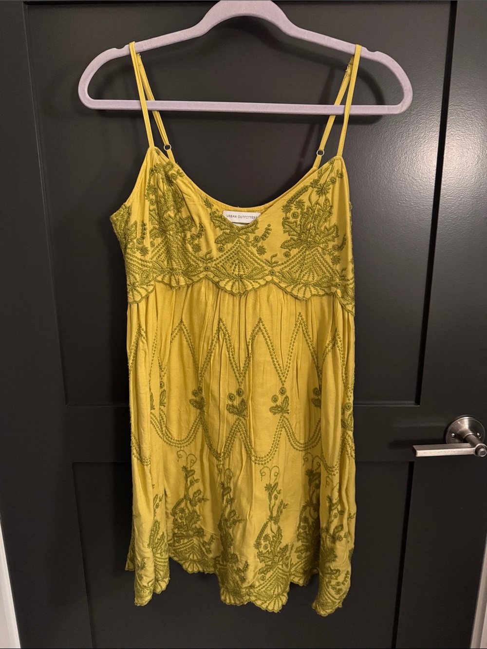 Urban Outfitters Yellow Embroidered Spaghetti-Strap Mini Dress